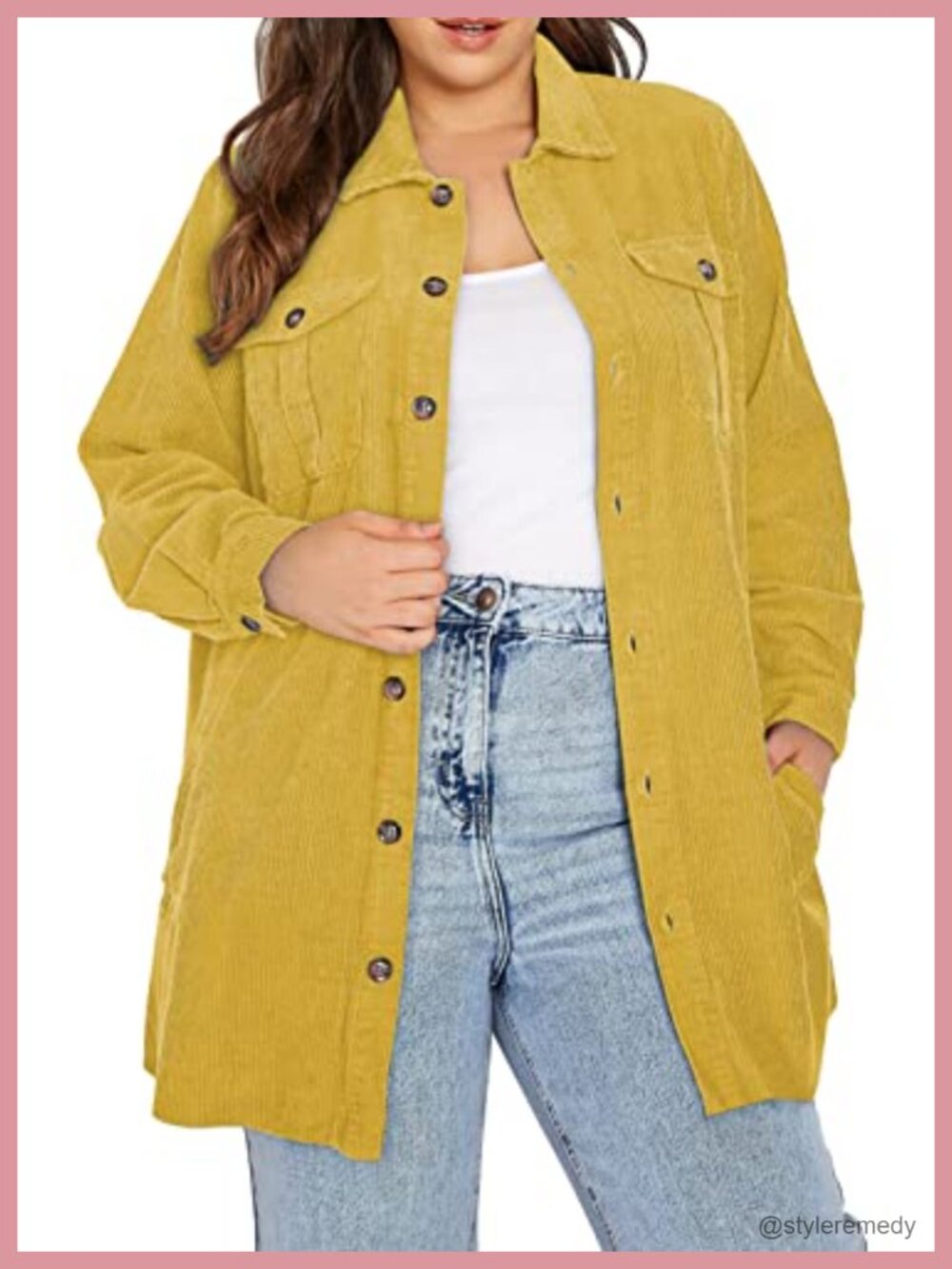 Plus Size Corduroy Shacket Button Front Loose Fit Long Sleeve Shirt Jacket